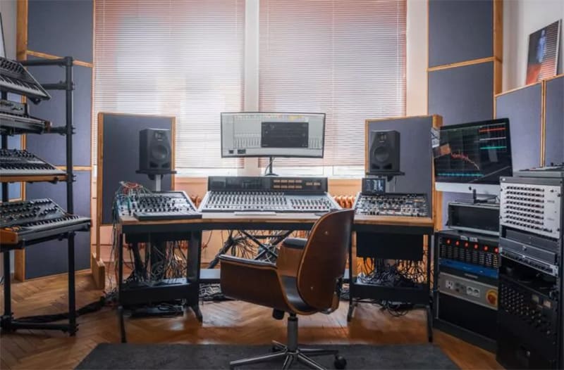 A professional music studio with a range of equipment.
