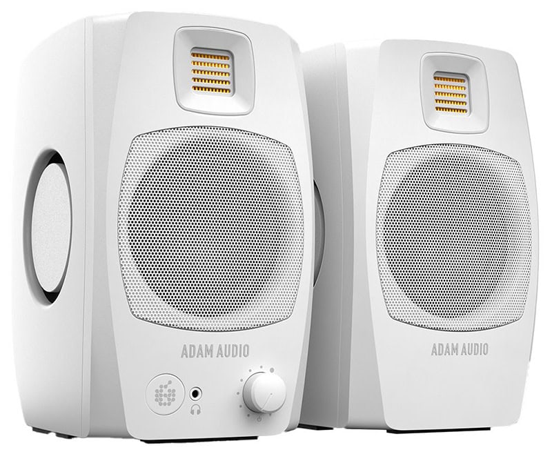 White pair of ADAM Audio D3V studio monitors.