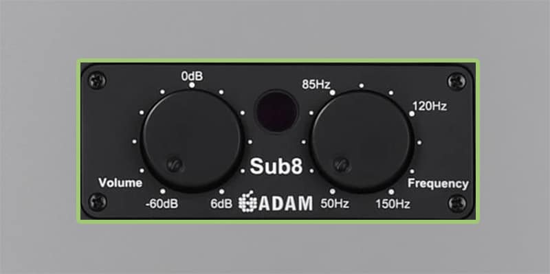 ADAM Audio Sub8 Front Control Knobs.