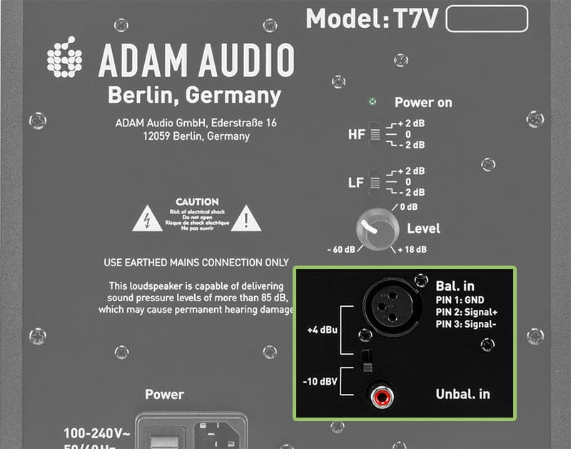 Adam Audio T7V Connection Options.