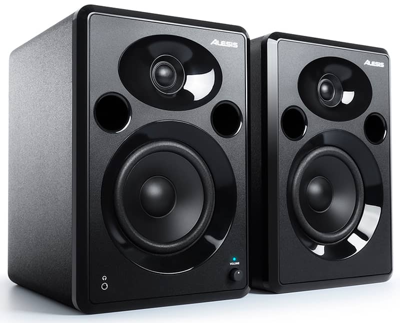 Three quarter view of a pair of Alesis Elevate 5 MKII studio monitors.
