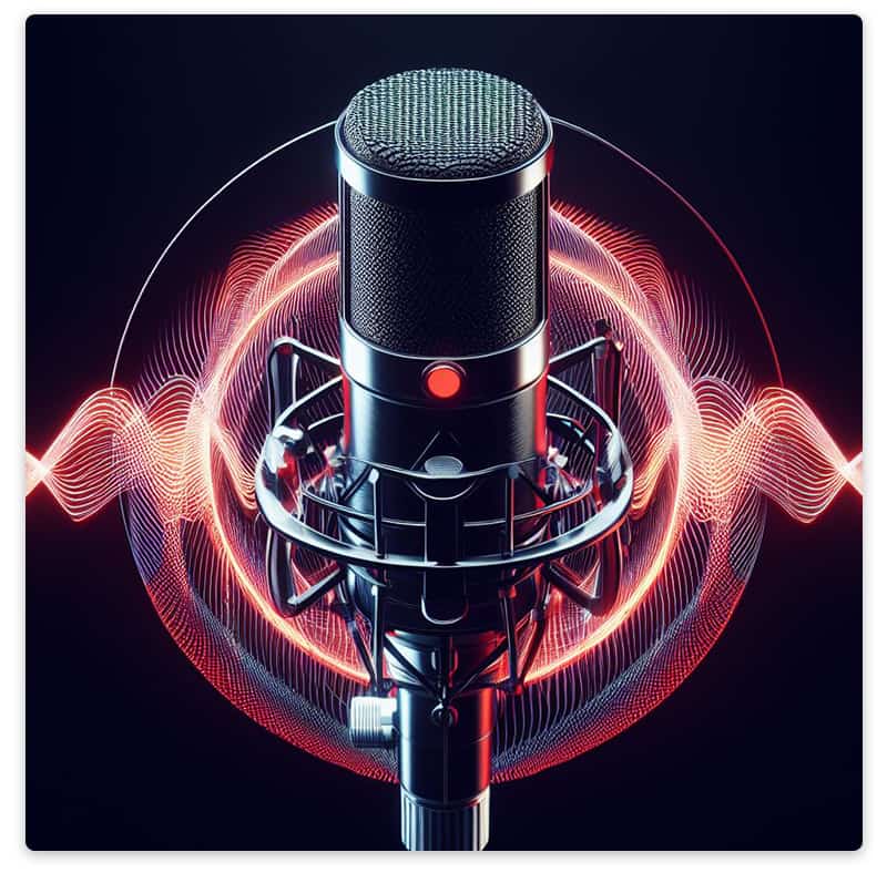 A microphone in a shock mount with vibration lines around it.