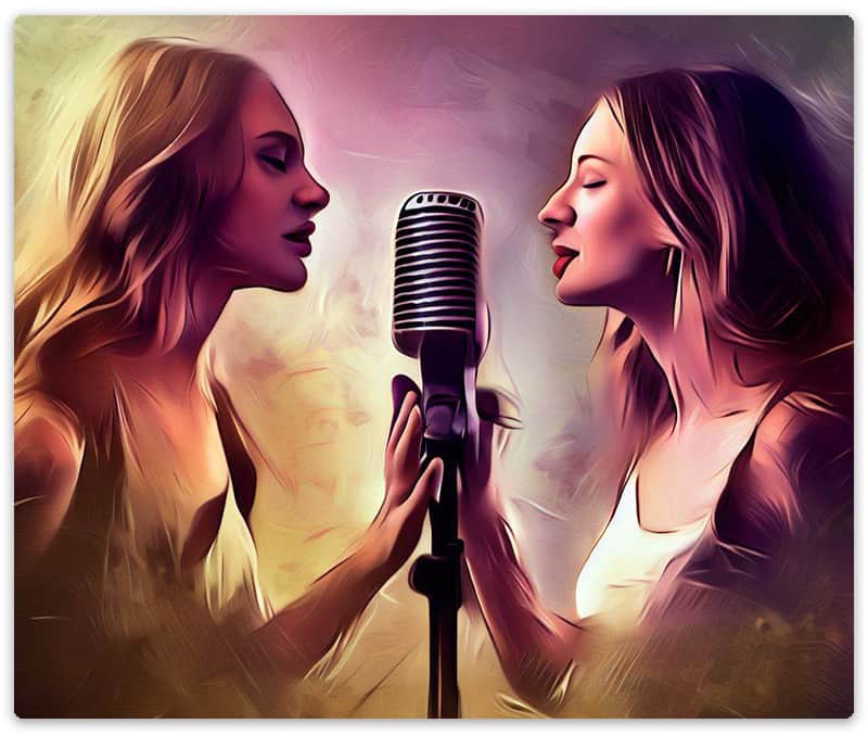 Stylized image of two women singing into a microphone.