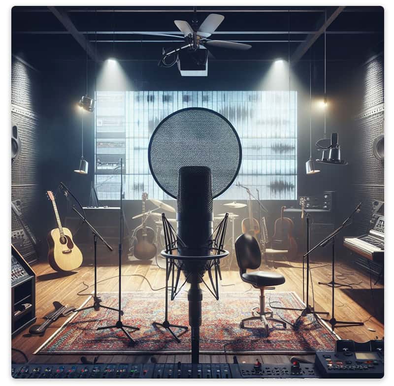 A microphone in a music studio.