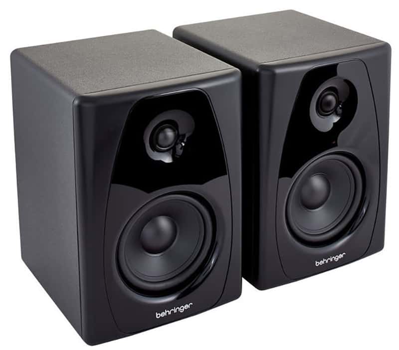 Three quarter view of a pair of Behringer Studio USB50 studio monitors.
