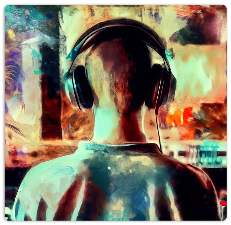 An artistic interpretation of the rear view of a man sitting in a recording studio with headphones on.