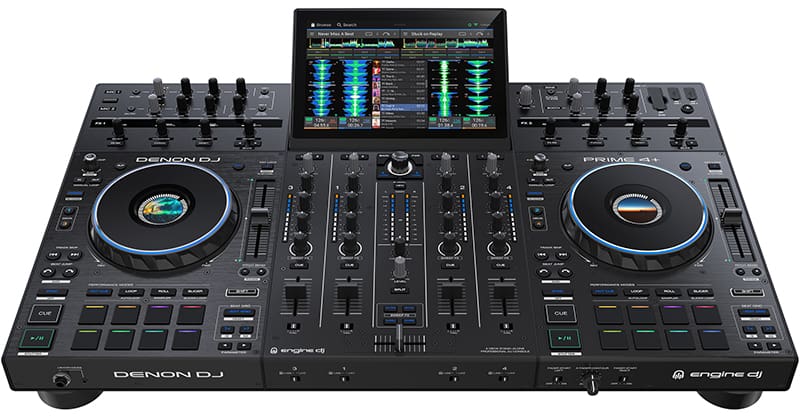 Front angle view of the Denon Prime 4 Plus DJ controller.