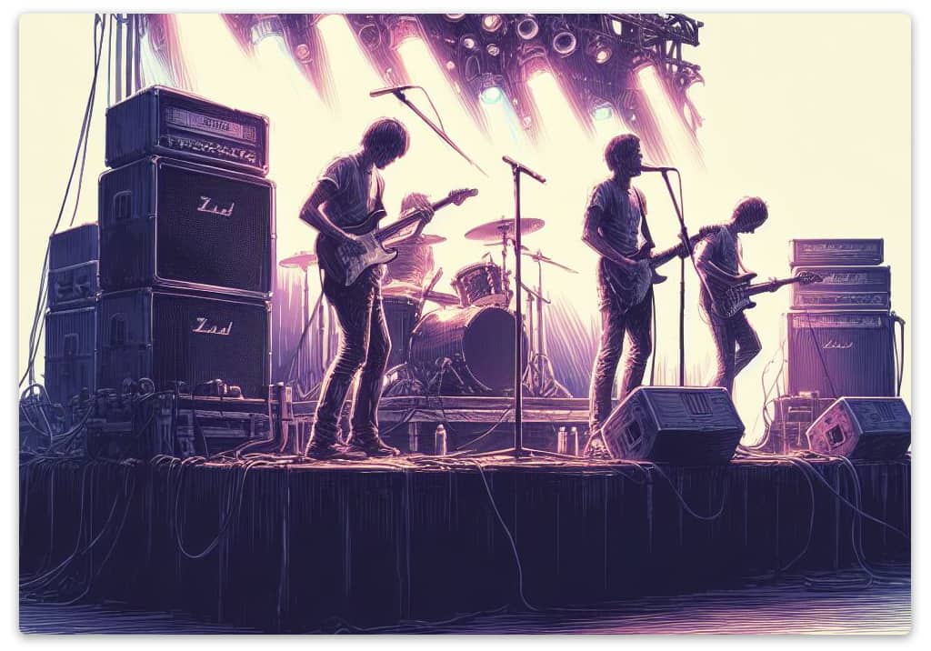 Digital art of a band playing on stage.