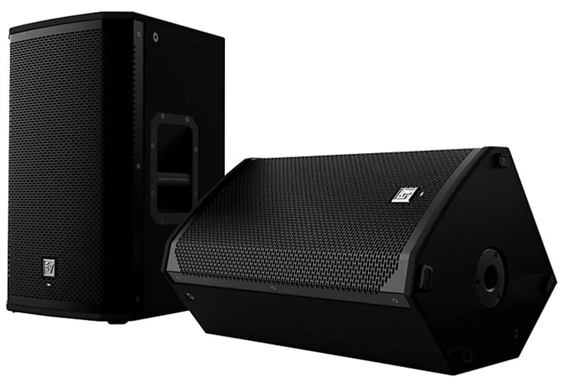 Two EV EKX-12P loudspeakers. One upright and one in the monitor position.