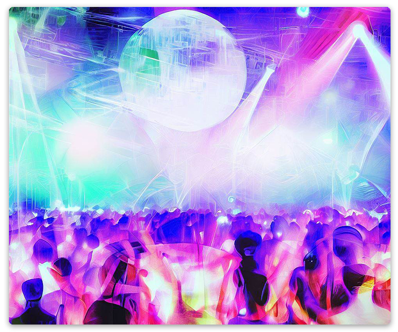 Digital art of a crowd of people at a rave.