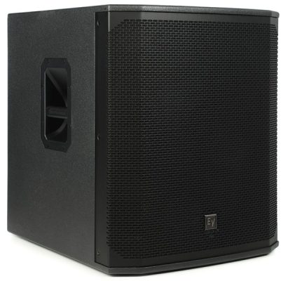 Three-quarter view of the EV ELX200-18SP PA subwoofer.