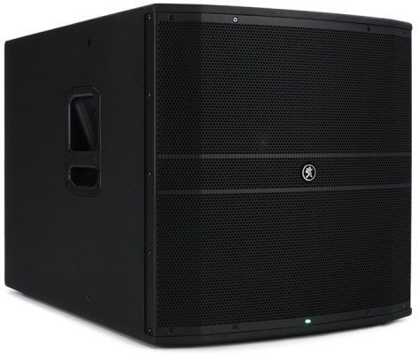 Three-quarter view of the Mackie DRM18S PA subwoofer.