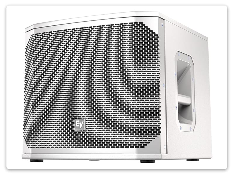 Three-quarter view of a white Electro-Voice ELX200-SP subwoofer.