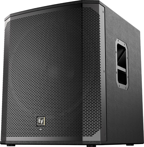 Three-quarter view of the EV ELX200-18SP PA subwoofer.