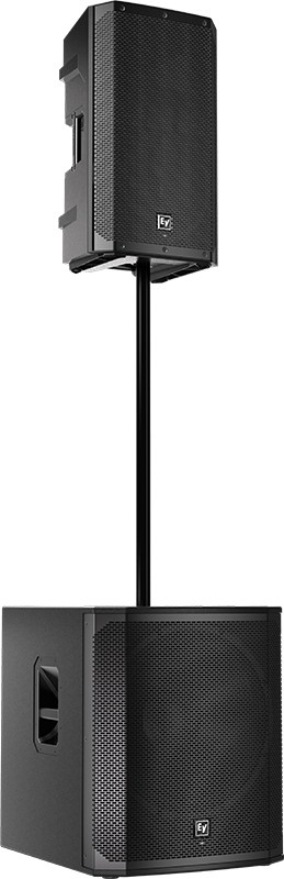 EV ELX200-18SP subwoofer with a pole mount and PA speaker.