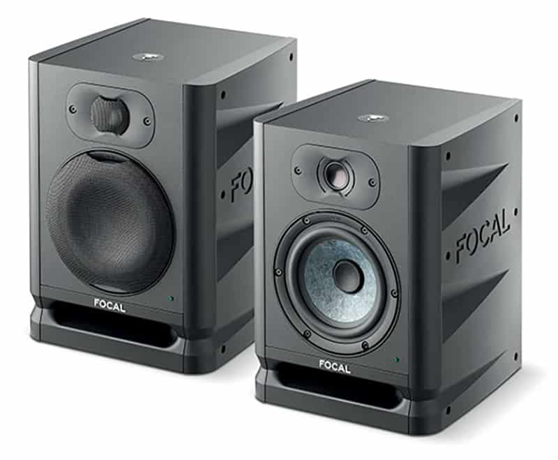 Three quarter view of a pair of Focal Alpha 50 Evo studio monitors.