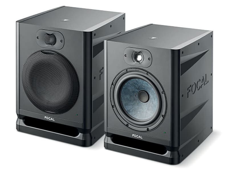 Three quarter view of a pair of Focal Alpha 80 Evo studio monitors.
