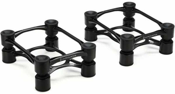 Three quarter view of the IsoAcoustics Aperta 200 studio monitor stands.