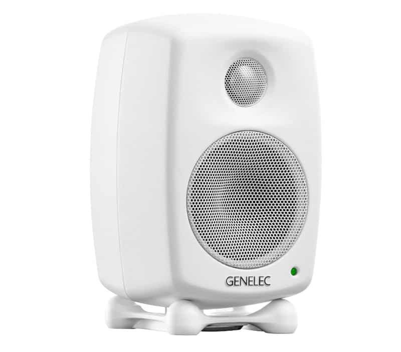 White Genelec 8010A studio monitor.