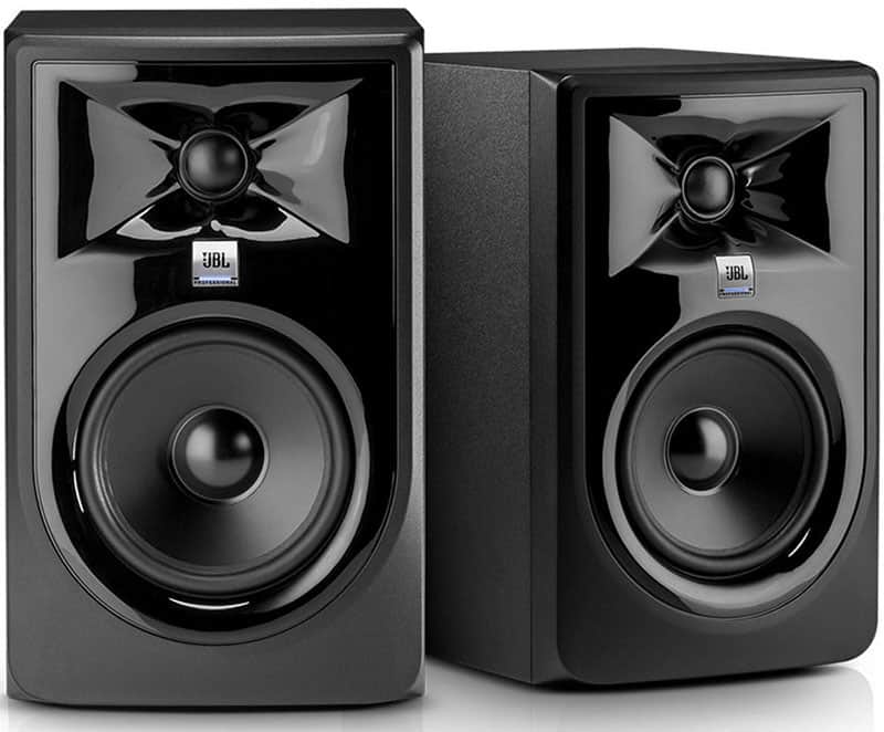 Three quarter view of a pair of JBL 305P MKII studio monitors.