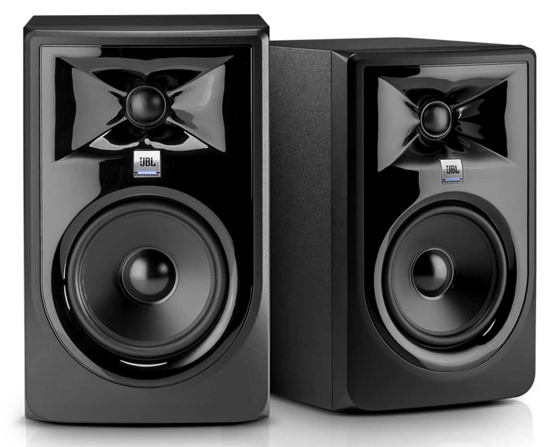 Front view of a pair of JBL 308P MKII studio monitors