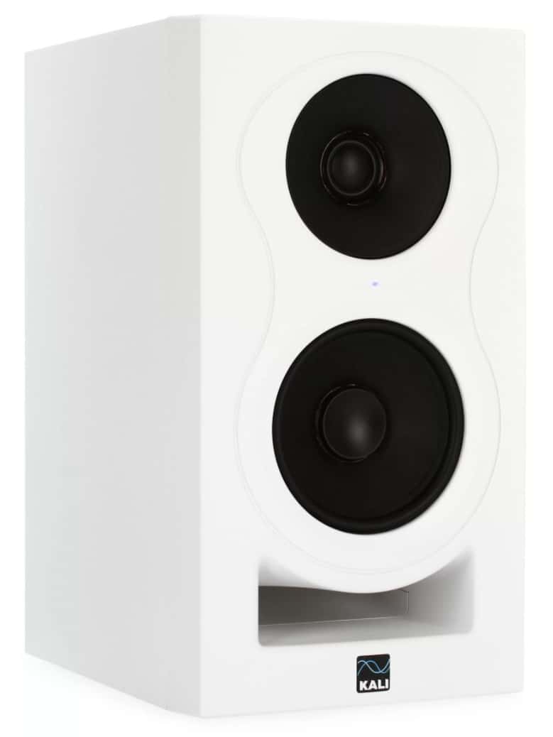 Three quarter view of a White Kali Audio IN-5 studio monitor.