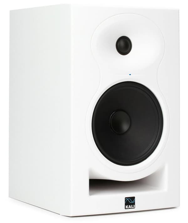 Three quarter view of the white Kali Audio LP-6 V2.