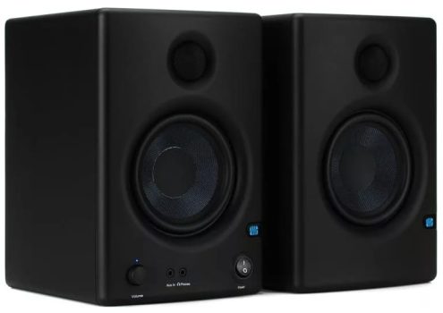 Three quarter view of a pair of Presonus Eris E4.5 studio monitors.