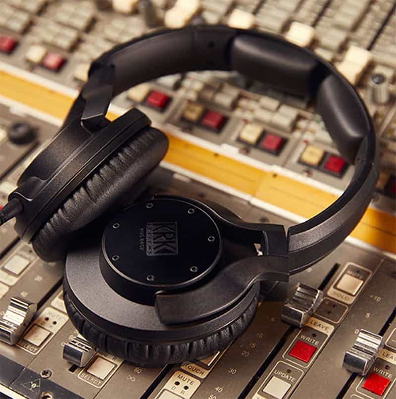 KRK KNS 8402 sitting on a mixing desk.