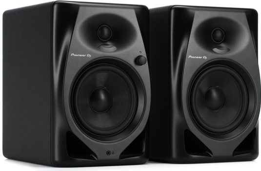Three quarter view of a pair of Pioneer DM-50D studio monitors.