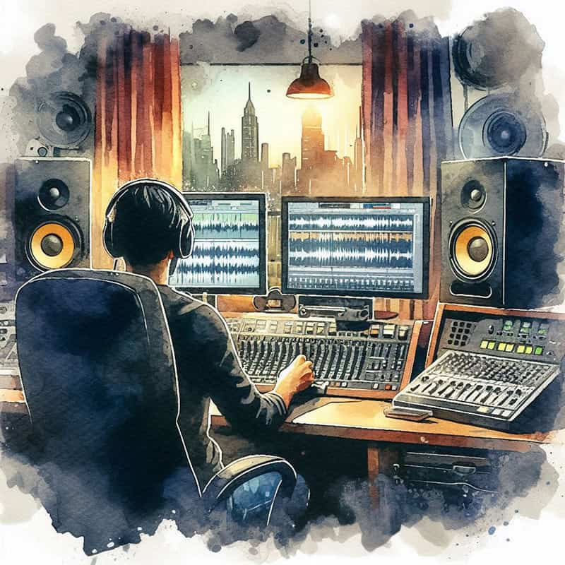 Illustration of a man in a music studio.