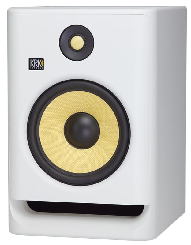 Three quarter view of the KRK Rokit 8 G4 white studio monitor