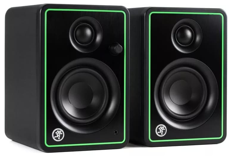 Three quarter view of a pair of Mackie CR3-X studio monitors.