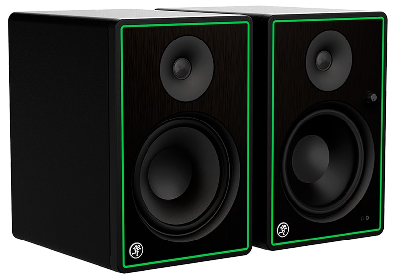 Three-quarter view of the Mackie CR8-XBT studio monitors.