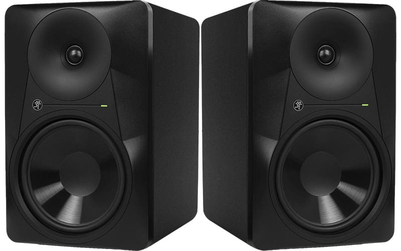 A pair of Mackie MR824 studio monitors