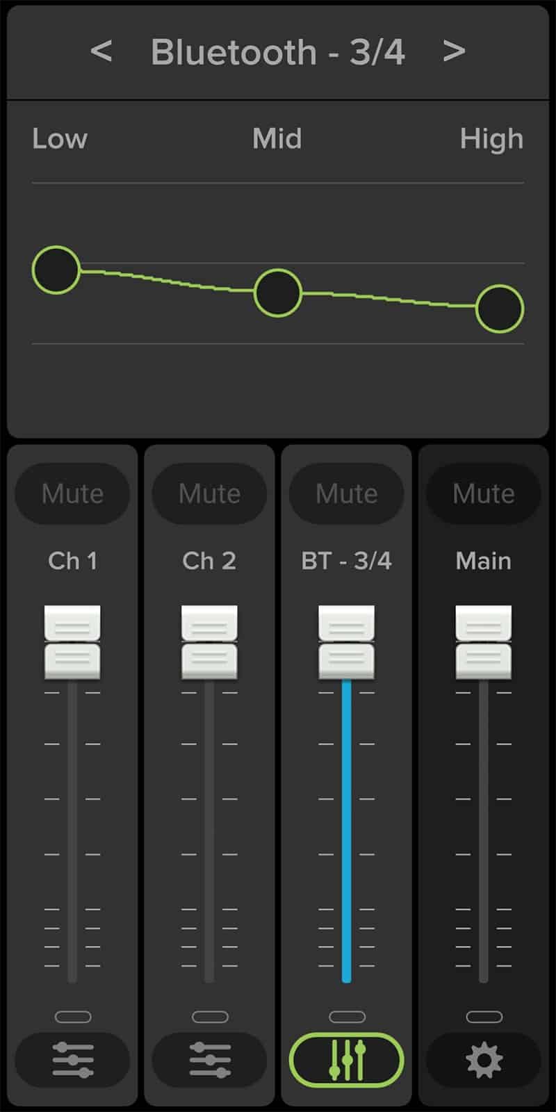Mackie SRM Connect App settings.