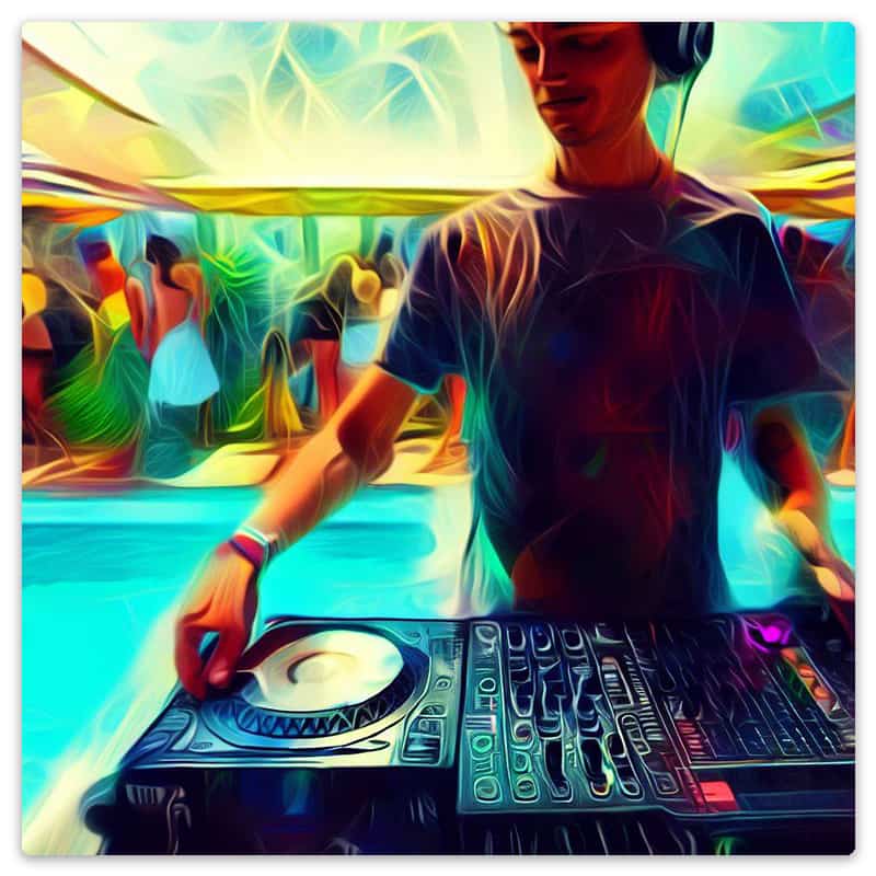 Digital art of a DJ playing at a pool party.