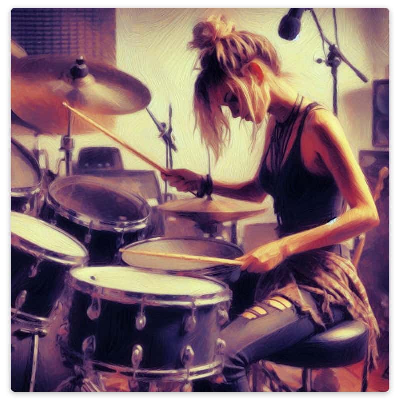 A woman playing the drums.