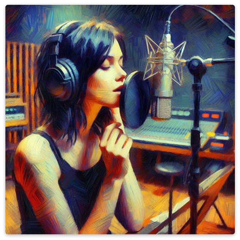 A woman singing in a recording studio.