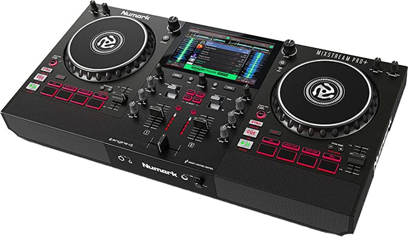 Three-quarter view of the Numark Mixstream Pro+.