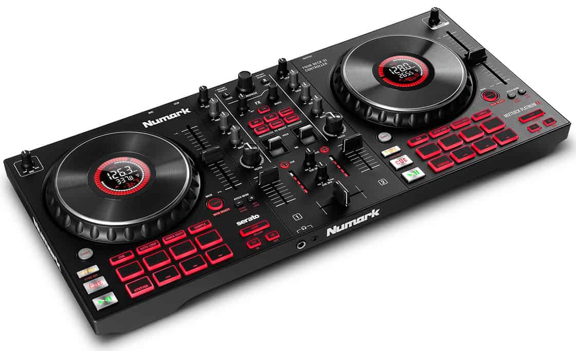 Three quarter view of the Numark Mixtrack Platinum FX