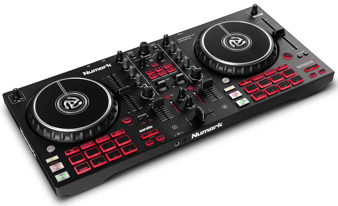 Three quarter view of the Numark Mixtrack Pro FX DJ controller