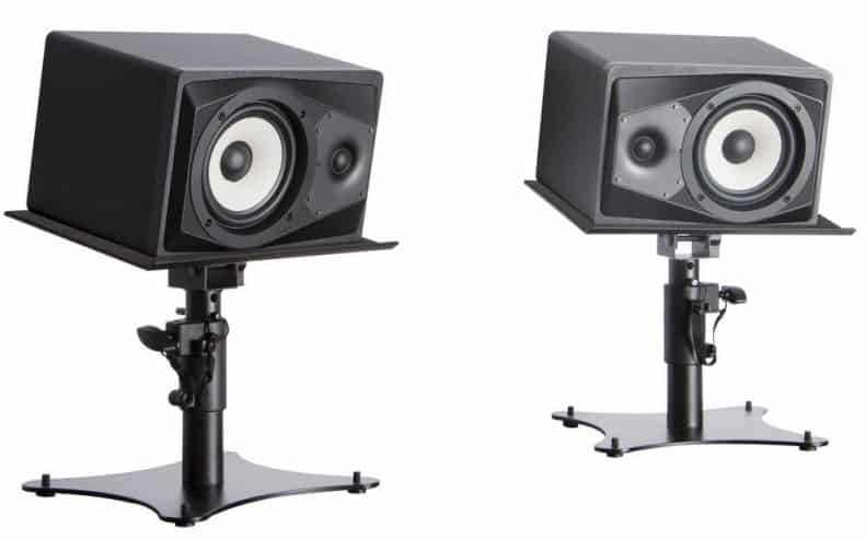 On-Stage Stands SMS4500-P with horizontal studio monitors.