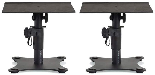 Front view of the Gator Frameworks GFW-SPK-STMN-DSK studio monitor stands.
