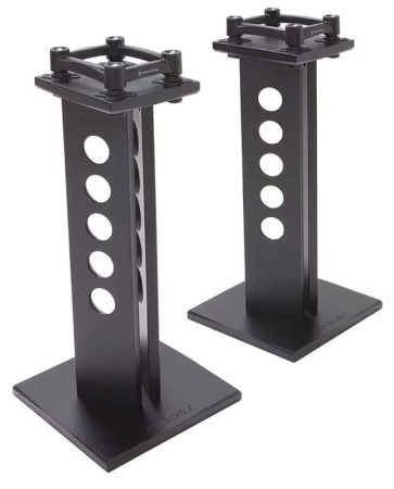 Three quarter view of the Argosy Spire 360i studio monitor stands.