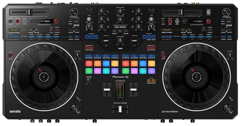 Top view of the Pioneer DDJ REV5 DJ controller.