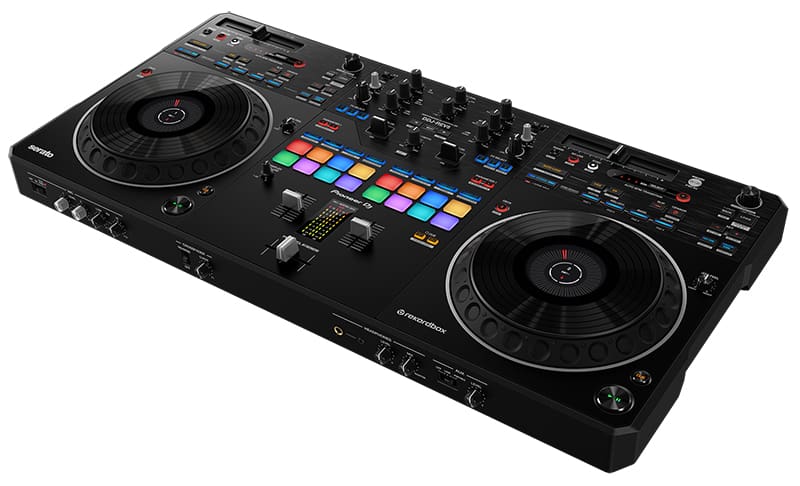 Three-quarter view of the Pioneer DDJ REV5 DJ controller.