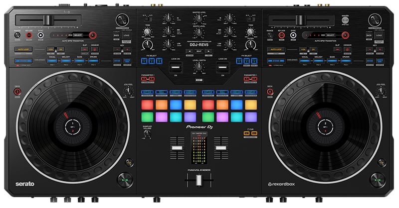 Top view of the Pioneer DDJ REV5 DJ controller.
