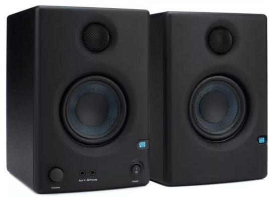 Three quarter view of a pair of Presonus Eris E3.5 studio monitors.