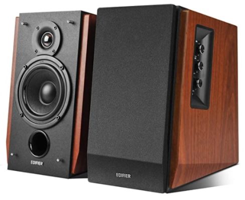 Three quarter view of a pair of Edifier R1700BT studio monitors.